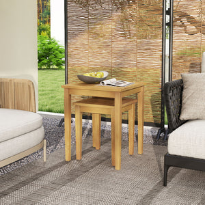 2 side tables can tuck together or separated for versatile arrangement<br>Made of premium teak wood for high stability<br>Firm screw connection strengthens the overall structure<br>Regularly care with oil to prolong the service life of teak wood<br>Natura