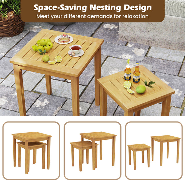 2 side tables can tuck together or separated for versatile arrangement<br>Made of premium teak wood for high stability<br>Firm screw connection strengthens the overall structure<br>Regularly care with oil to prolong the service life of teak wood<br>Natura