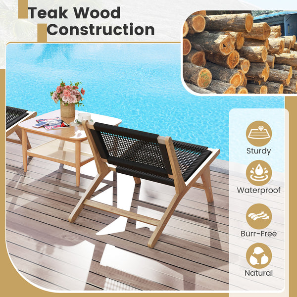 Made from Indonesian teak for long-lasting service<br>Unique seat and backrest crafted from handwoven cordage<br>Avoids scratches with smooth round edges<br>Sturdy and stable construction with strong screw connection<br>Equipped with ergonomic backrest fo