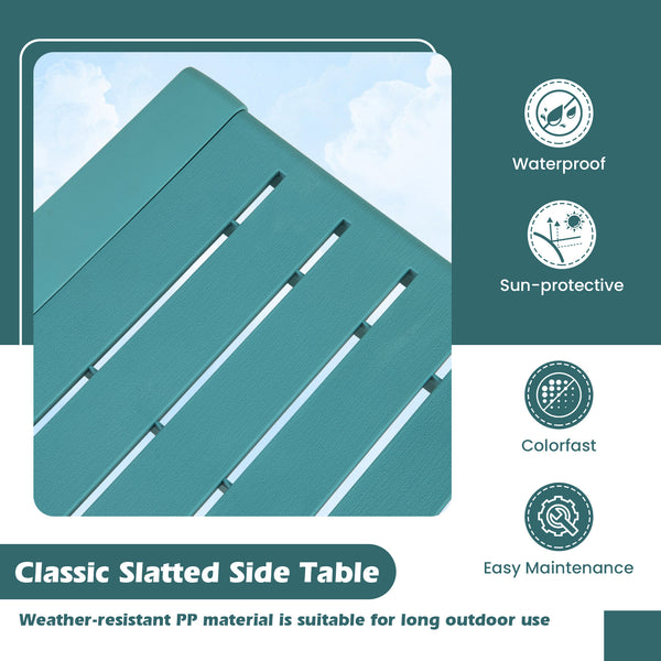 Weather-resistant PP material is suitable for long outdoor use<br>Classic slatted side table adds highlight to your living space<br>Blunted edge prevents accidentally bumps or injuries<br>Firm bolt connection account for reliable structure<br>Non-slip foo