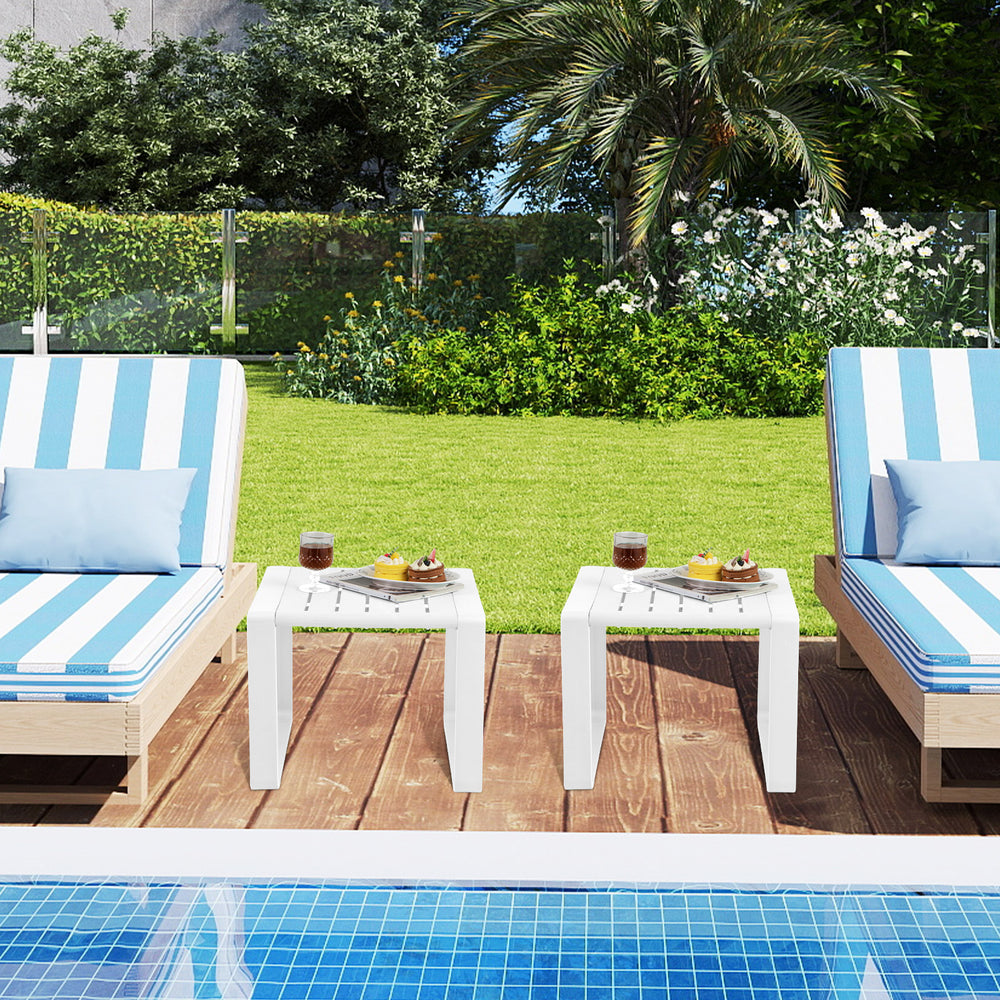 Weather-resistant PP material is suitable for long outdoor use<br>Classic slatted side table adds highlight to your living space<br>Blunted edge prevents accidentally bumps or injuries<br>Firm bolt connection account for reliable structure<br>Non-slip foo