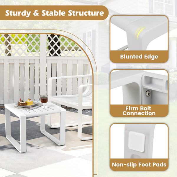 Weather-resistant PP material is suitable for long outdoor use<br>Classic slatted side table adds highlight to your living space<br>Blunted edge prevents accidentally bumps or injuries<br>Firm bolt connection account for reliable structure<br>Non-slip foo