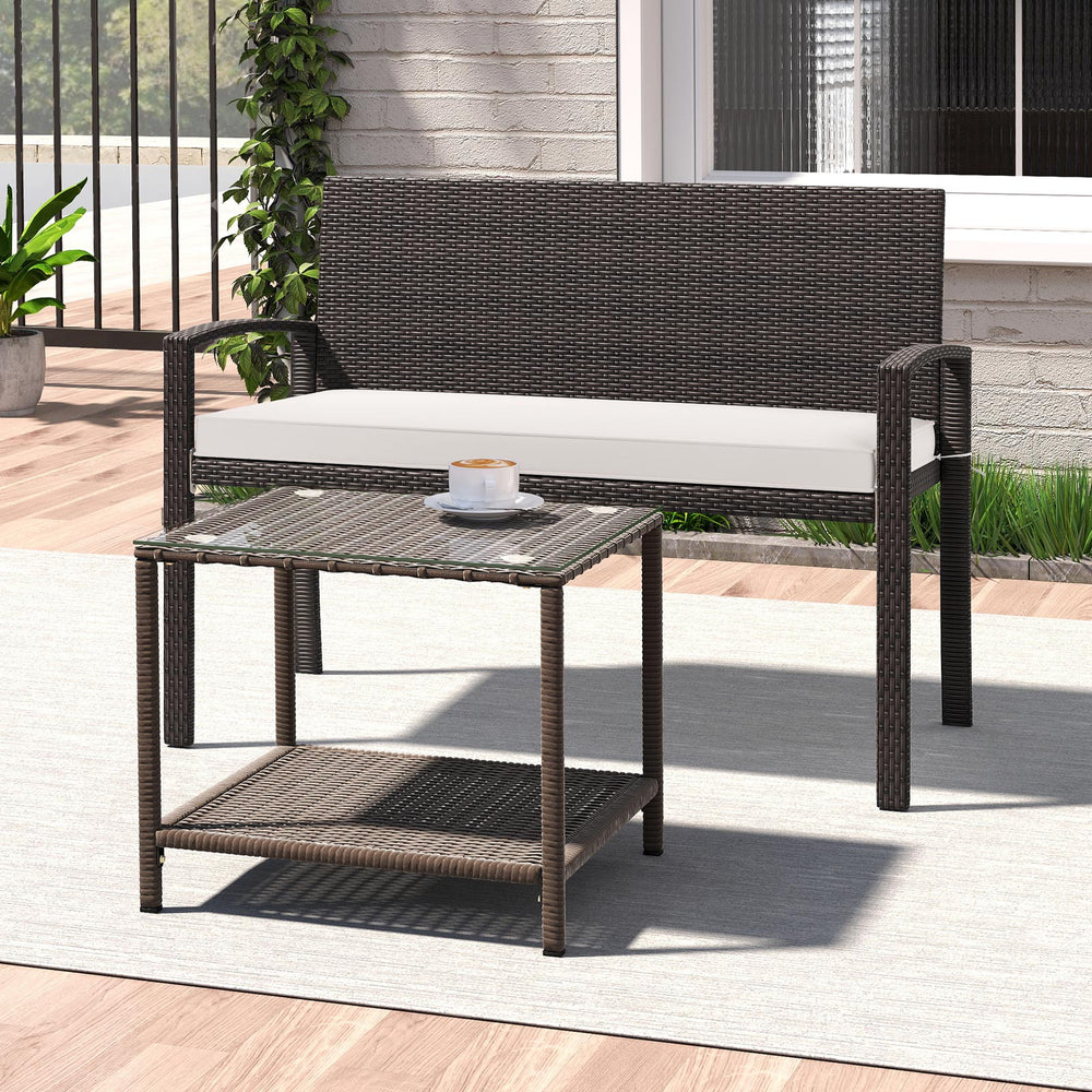 Handcrafted PE rattan for enduring sophistication<br>Enhanced comfort with included seat cushion<br>Spacious design accommodates 2 people comfortably<br>Removable cushion covers with zippers for simple cleaning<br>Cozy backrests for added relaxation and s