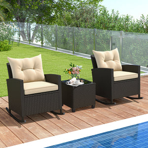 Non-slip base with stopper for sturdy rocking motion<br>Well-woven mix brown PE rattan for durability and elegant<br>Heavy-duty metal frame for strong support<br>Ergonomic backrest and curved armrests make you relaxed<br>Soft seat and back cushion offer m