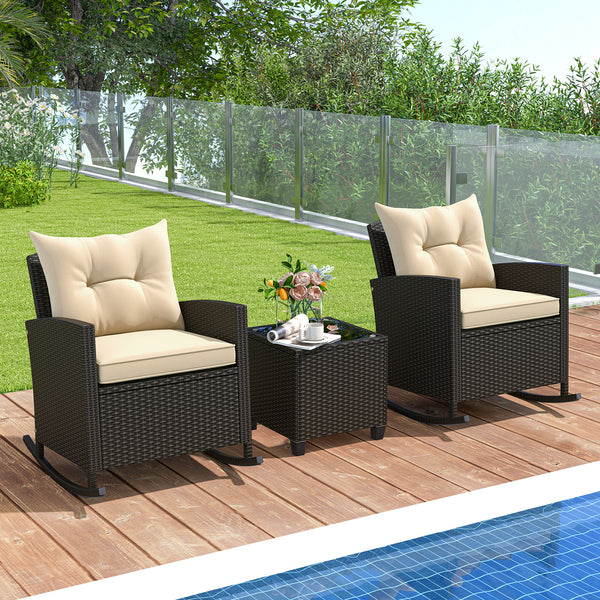 Non-slip base with stopper for sturdy rocking motion<br>Well-woven mix brown PE rattan for durability and elegant<br>Heavy-duty metal frame for strong support<br>Ergonomic backrest and curved armrests make you relaxed<br>Soft seat and back cushion offer m