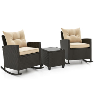 Non-slip base with stopper for sturdy rocking motion<br>Well-woven mix brown PE rattan for durability and elegant<br>Heavy-duty metal frame for strong support<br>Ergonomic backrest and curved armrests make you relaxed<br>Soft seat and back cushion offer m