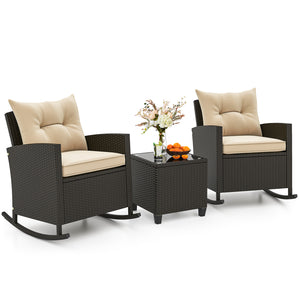 Non-slip base with stopper for sturdy rocking motion<br>Well-woven mix brown PE rattan for durability and elegant<br>Heavy-duty metal frame for strong support<br>Ergonomic backrest and curved armrests make you relaxed<br>Soft seat and back cushion offer m