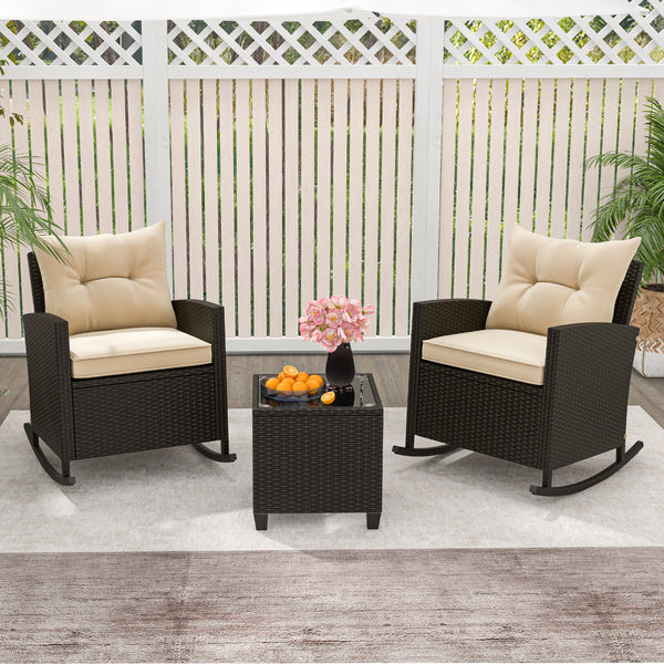 Non-slip base with stopper for sturdy rocking motion<br>Well-woven mix brown PE rattan for durability and elegant<br>Heavy-duty metal frame for strong support<br>Ergonomic backrest and curved armrests make you relaxed<br>Soft seat and back cushion offer m