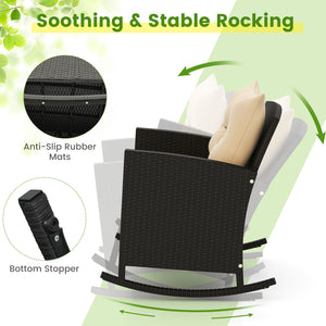 Non-slip base with stopper for sturdy rocking motion<br>Well-woven mix brown PE rattan for durability and elegant<br>Heavy-duty metal frame for strong support<br>Ergonomic backrest and curved armrests make you relaxed<br>Soft seat and back cushion offer m