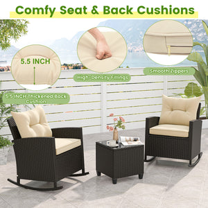 Non-slip base with stopper for sturdy rocking motion<br>Well-woven mix brown PE rattan for durability and elegant<br>Heavy-duty metal frame for strong support<br>Ergonomic backrest and curved armrests make you relaxed<br>Soft seat and back cushion offer m