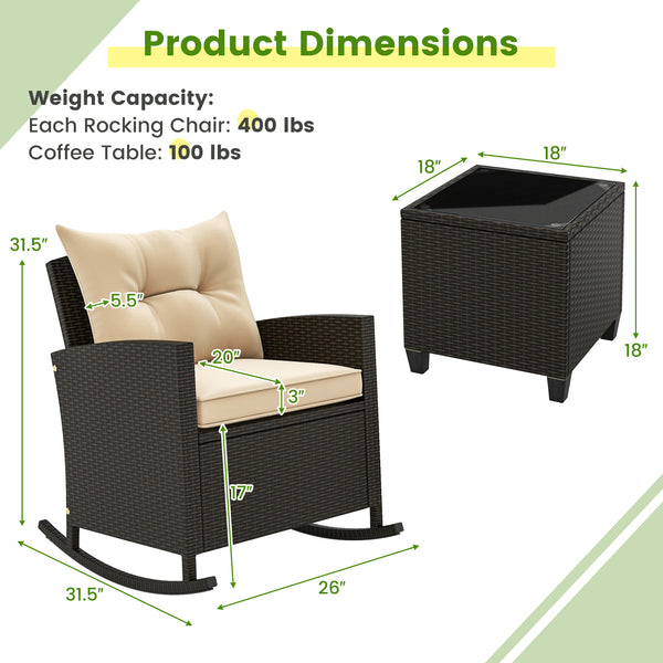 Non-slip base with stopper for sturdy rocking motion<br>Well-woven mix brown PE rattan for durability and elegant<br>Heavy-duty metal frame for strong support<br>Ergonomic backrest and curved armrests make you relaxed<br>Soft seat and back cushion offer m