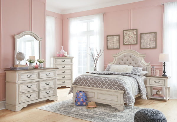  this dresser and mirror set is your dream bedroom retreat realized. This brilliantly crafted bedroom ensemble wows with dramatic scalloped details and an antiqued two-tone aesthetic
