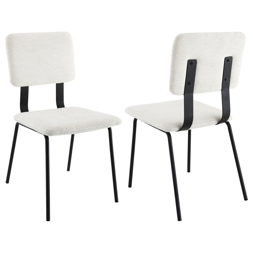 Reimagine your comfortable and inviting dining table with a set of two modern side chairs. Each features an armless profile with clean, slim lines for a versatile design. Sure to complement in a variety of settings, the chairs feature slim cushions with n