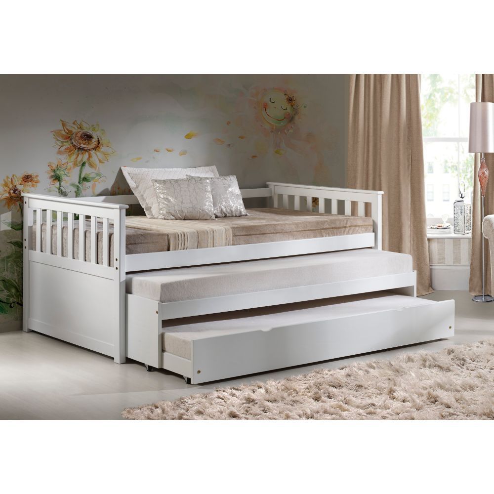 KD, Daybed & Roll-Out Bed (15-"H): Twin Size Features: Shelter Style, Mission Style Side Panels Box Spring Not Required: Slat System Included (12+12+12) Shelter Style Daybed Slatted Armrest: Mission Style Roll-Out Beds (Twin Size), Caster Wheels Construct