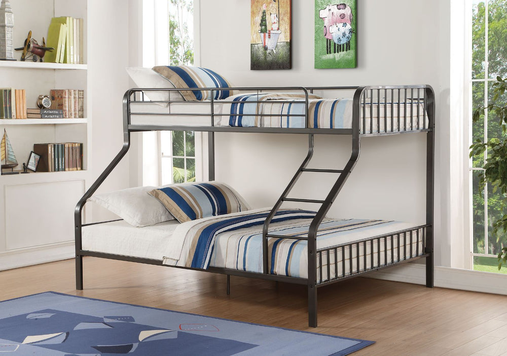 This space-saving Caius twin over queen metal bunk bed meets all your needs and expectations. Features easy access guardrails, right facing built-in ladder and a metal tube support slat system. Accommodating a XL Twin and Queen mattress, this sturdy bunk 