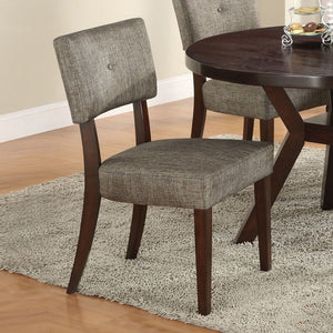 The grey and black upholstery fabric on the Drake chairs provide a great complement to any dining or living room. The espresso finish provides rich coloring, and the padding in the upholstered seats makes it comfortable to sit through long dinner parties 
