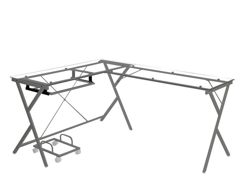 Corner Computer Desk Orientation: -"L-" ShapeX-Shape Metal Frame BaseRectangular Table Top w/Tempered GlassKey Board Tray IncludedComputer Holder Included<br/><br/><b>Product Features</b><ul><li>Corner Computer Desk</li><li>Orientation: -"L-" Shape</li><l