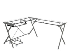 Corner Computer Desk Orientation: -"L-" ShapeX-Shape Metal Frame BaseRectangular Table Top w/Tempered GlassKey Board Tray IncludedComputer Holder Included<br/><br/><b>Product Features</b><ul><li>Corner Computer Desk</li><li>Orientation: -"L-" Shape</li><l