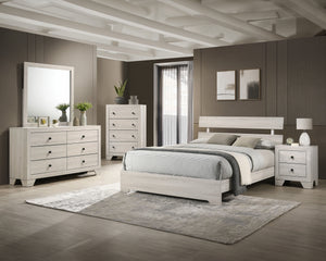 This bedroom collection embodies a rustic, yet contemporary aesthetic with its clean lines and neutral color palette. The set includes a low-profile bed frame, a dresser with a mirror, and a tall chest, all finished in a versatile white wash that easily c
