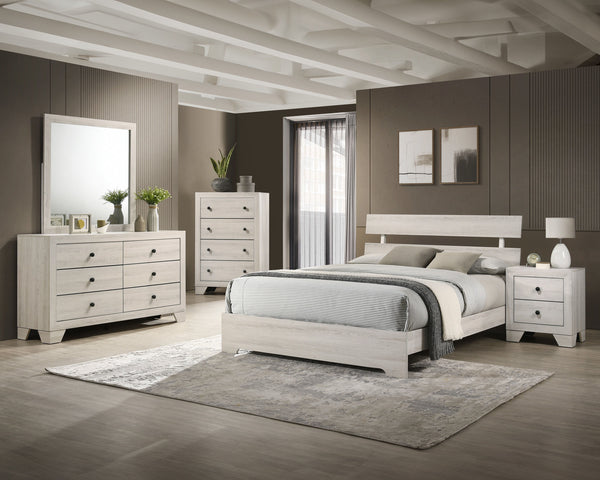 This bedroom collection embodies a rustic, yet contemporary aesthetic with its clean lines and neutral color palette. The set includes a low-profile bed frame, a dresser with a mirror, and a tall chest, all finished in a versatile white wash that easily c