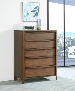  it boasts a rich walnut wood veneer that adds warmth to the elegance of natural grain patterns. Fingertip pulls are gently curved