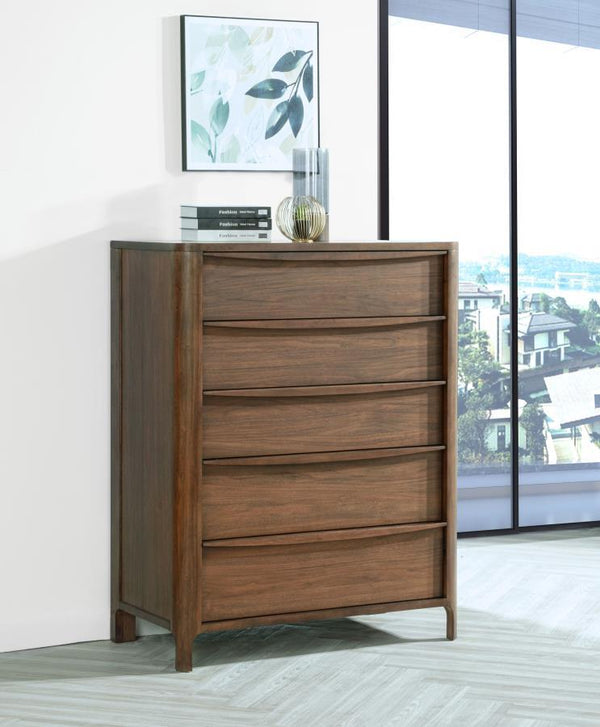  it boasts a rich walnut wood veneer that adds warmth to the elegance of natural grain patterns. Fingertip pulls are gently curved