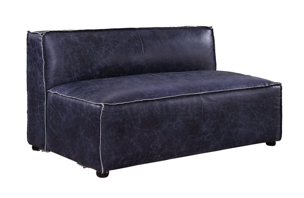 â€¢ Leg Height: 2-"<br/><br/><b>Product Features</b><ul><li>Case: 1Pc/1Ctn</li><li>Finish: Vintage Blue Top Grain Leather</li><li>Style: Contemporary</li><li>Materials: Upholstery, Wood Leg</li></ul><br/>