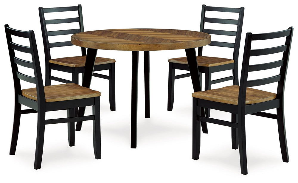 Transform your dining area into a delightful rustic retreat with this five-piece table set. A two-tone finish adds a layer of charm, creating a visually appealing look that catches the eye. The tabletop-'s inlay chevron pattern adds a unique and stylish t