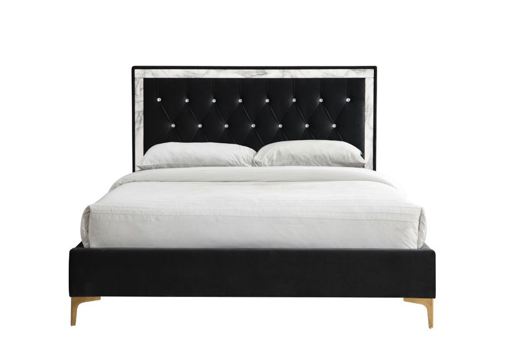 Upgrade your entire bedroom space with this modern and sophisticated masterpiece. It features a upholstered headboard with crystal-like button tufted details that add a modern glamour to this piece. Faux marble printed trim accent surrounding the headboar