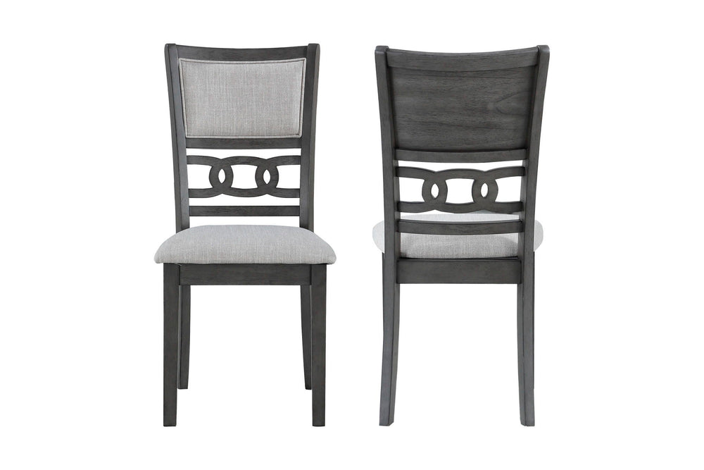 Enhance your dining space with this set of two New Classic Gia Wood Dining Chairs in a contemporary gray finish. Crafted from solid Rubberwood and Mindi veneers, these chairs offer a perfect blend of durability and aesthetic appeal. The gray finish, achie