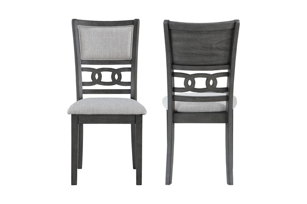 Enhance your dining space with this set of two New Classic Gia Wood Dining Chairs in a contemporary gray finish. Crafted from solid Rubberwood and Mindi veneers, these chairs offer a perfect blend of durability and aesthetic appeal. The gray finish, achie