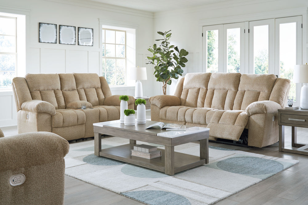 Big, bold comfort. Game time and movie nights meet their match with this power reclining seating package. Made for ultimate indulgence, the extra-deep seating encourages you to sit back and bliss out. And with plush upholstery in a trendy hue, you wonâ€™t