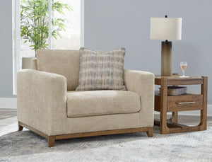  showcasing soft neutral upholstery accented with a transitional wood trim. As