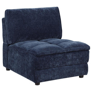 This contemporary armless chair offers a perfect blend of style and comfort for any modern living space. Upholstered in soft blue corduroy fabric, it features a sophisticated pillow top grid-tufted design that adds texture and visual appeal. Built with a 