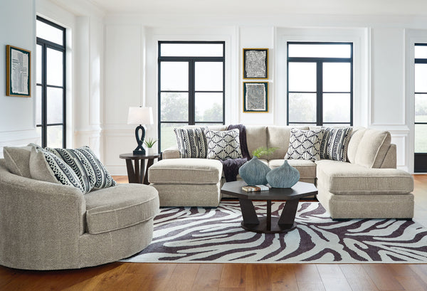 This set caters to your need for contemporary comfort. Itâ€™s decked out in feel-good fabric in a versatile hue. Family-friendly and ideal for hosts with the most, two chaises give more people the space the sprawl out. And the chair-'s 360-degree swivel m