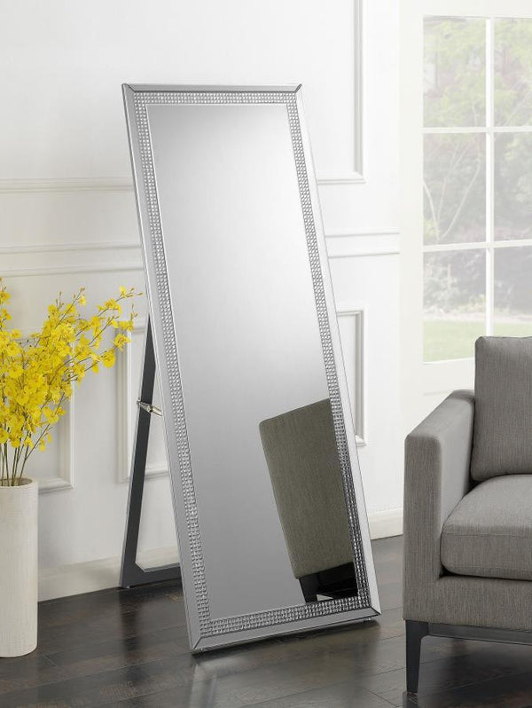  framed in sleek mirrored panels with an inset of faceted acrylic crystal inlay. Designed for full-length reflection