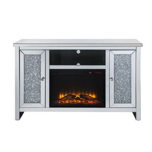 Assembled, Rectangular TV Stand with Fireplace Beveled Mirrored Finish, with Faux Diamonds Inlay (B) Orientation: Free Standing Storage: Open Media Compartment & 2 Doors (Inside each door 2 Compartments, 1 Wooden Shelf) Fireplace with Touch Control Panel 