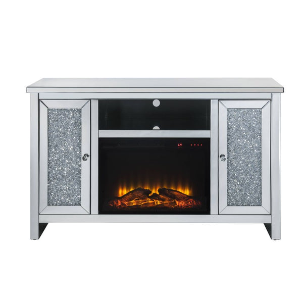 Assembled, Rectangular TV Stand with Fireplace Beveled Mirrored Finish, with Faux Diamonds Inlay (B) Orientation: Free Standing Storage: Open Media Compartment & 2 Doors (Inside each door 2 Compartments, 1 Wooden Shelf) Fireplace with Touch Control Panel 