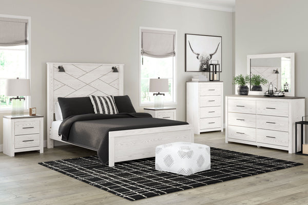 Cool, clean and casually modern. This bedroom sets white rustic finish sets the tone for your calming sanctuary. Matte black sconce lights and an abstract design on the headboard bring a fresh look to the bedâ€™s simply stunning profile. <h4><b>Gerridan -