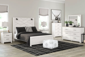 Cool, clean and casually modern. This bedroom sets white rustic finish sets the tone for your calming sanctuary. Matte black sconce lights and an abstract design on the headboard bring a fresh look to the bedâ€™s simply stunning profile. <h4><b>Gerridan -