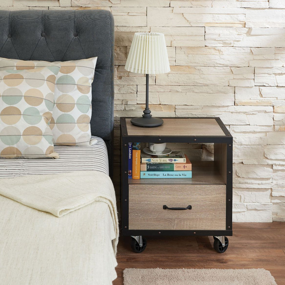 The Bemis Rustic Natural & Black nightstand provides storage and fashion for your bedroom with this single-drawer and open storage compartment nightstand. Place this stand next to your bed to house books and nighttime necessities, keeping everything you n