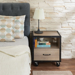 The Bemis Rustic Natural & Black nightstand provides storage and fashion for your bedroom with this single-drawer and open storage compartment nightstand. Place this stand next to your bed to house books and nighttime necessities, keeping everything you n
