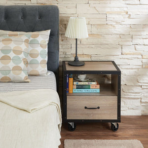 The Bemis Rustic Natural & Black nightstand provides storage and fashion for your bedroom with this single-drawer and open storage compartment nightstand. Place this stand next to your bed to house books and nighttime necessities, keeping everything you n