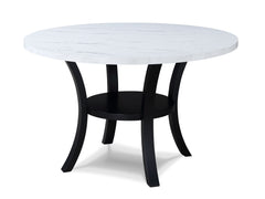 This dining group is the perfect blend of modern elegance and functionality. The sleek round tabletop with a marble-like finish offers a chic and refined aesthetic, while the bold black legs provide a striking contrast, adding visual interest to your dini