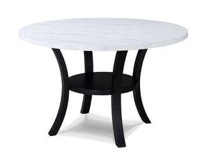 This dining group is the perfect blend of modern elegance and functionality. The sleek round tabletop with a marble-like finish offers a chic and refined aesthetic, while the bold black legs provide a striking contrast, adding visual interest to your dini