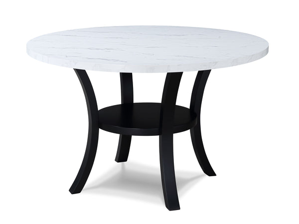 This dining group is the perfect blend of modern elegance and functionality. The sleek round tabletop with a marble-like finish offers a chic and refined aesthetic, while the bold black legs provide a striking contrast, adding visual interest to your dini
