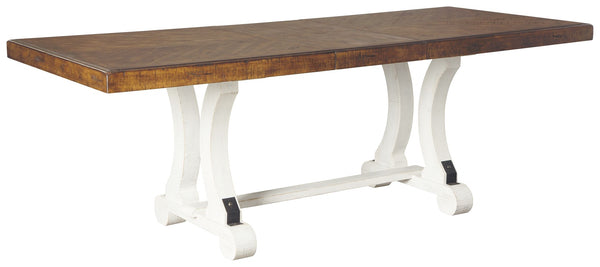 A high-style choice for casual spaces, this dining table serves up the best in rustic farmhouse living. Its two-tone distressed finish pairs a brown tabletop with a vintage white base for a double helping of charm. This extension dining table features an 