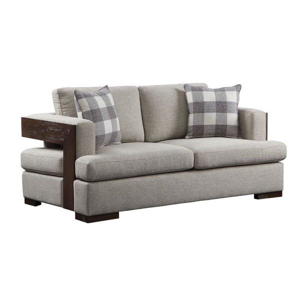Assembled, w/2 Pillows â€¢ Loose Back & Seat Cushion (2+2) â€¢â€¢ CONSTRUCTION â€¢â€¢ SEAT: Full Foam Cushion, Inside Frame: Wood w/Sinous Spring, -"T-" Shape Cushion (Reversible) â€¢ BACKREST: Cushion, Outside w/Wood Trim â€¢ ARMREST: Track with Outside 