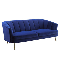 This Eivor trendsetting collection will add style and color to any room. The collection features soft feminine curves and channel tufting to create a modern home. Upholstered in a sumptuous blue velvet that is classy and bold. The metal legs and wooden in
