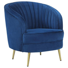 Elevate your space with this glamorous accent chair, upholstered in vibrant blue velvet for a bold, luxurious look. Featuring a sculpted silhouette and channeled backrest, it delivers Art Deco elegance with modern flair. Gold stainless steel legs complete